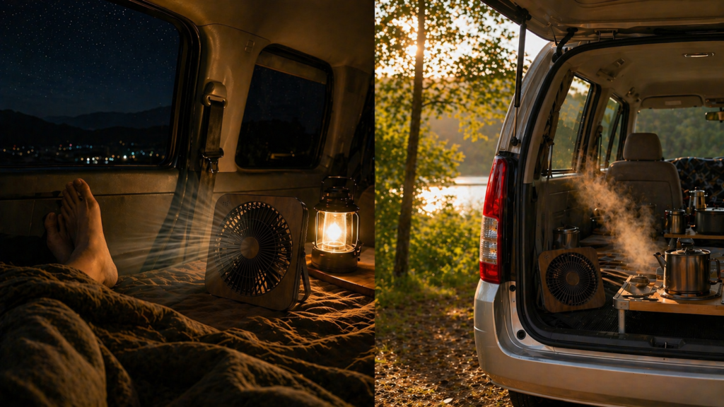 車中泊での扇風機の使い方シーン3選