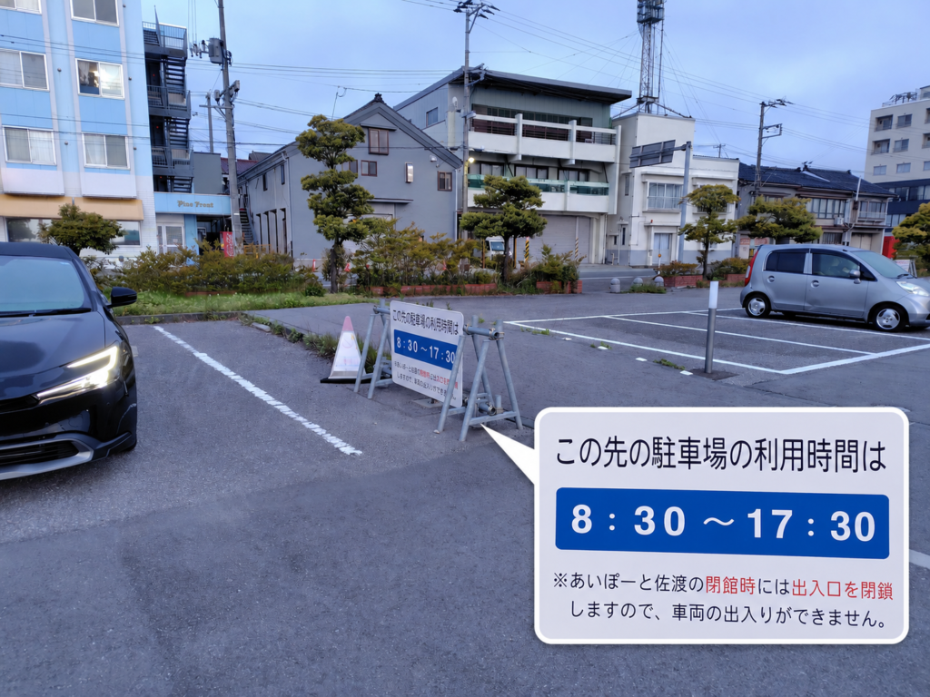 道の駅あいぽーと佐渡 夜間利用不可を示す案内看板