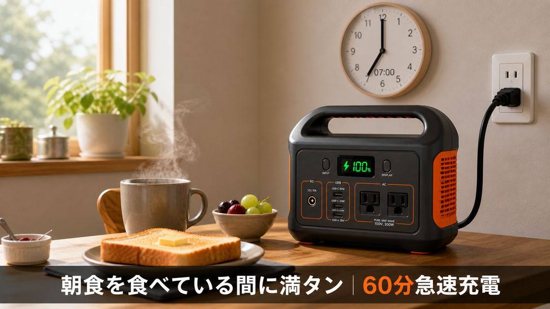 Jackery 240 New 60分急速充電のイメージ｜朝食タイムで満タンに