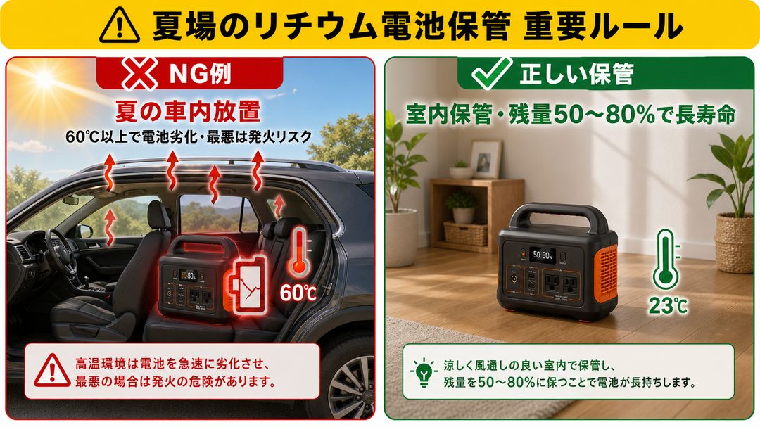夏場の車内放置NG警告図｜真夏の車内60℃でリチウム電池が劣化、室内保管がベスト