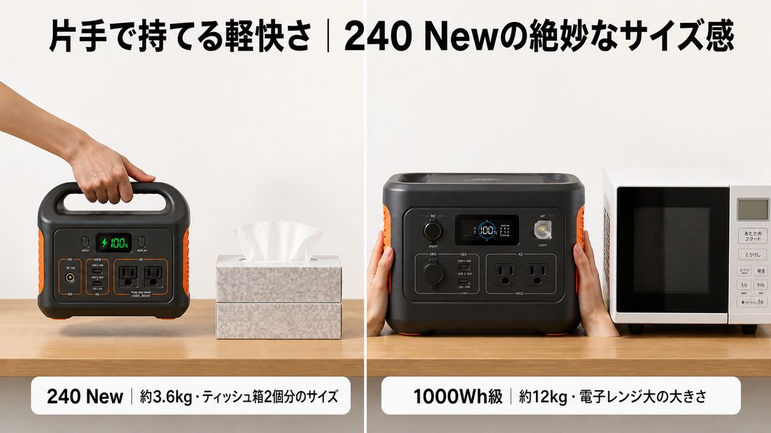 Jackery 240 New(3.6kg) vs 1000Wh級ポタ電(12kg) サイズと重量の比較