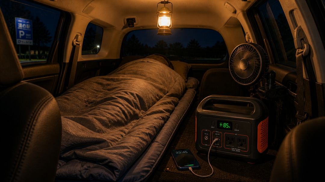 車中泊の夜、LED照明・スマホ充電・DC扇風機・Jackery 240 Newで快適セットアップ