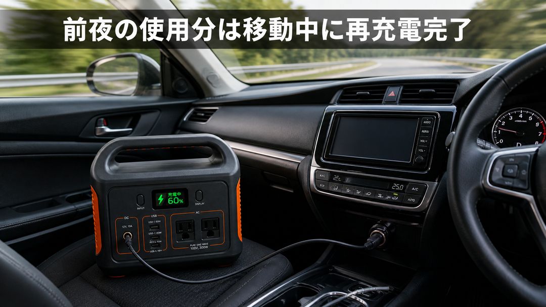 移動中にシガーソケットからJackery 240 Newを充電している実車内シーン