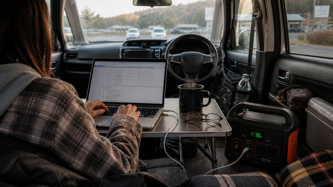 車内でJackery 240 Newから給電してPC作業をしている実車シーン