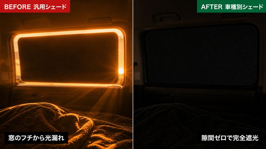 汎用シェード(窓のフチから朝日が漏れる) vs 車種別シェード(完全遮光) ビフォーアフター比較