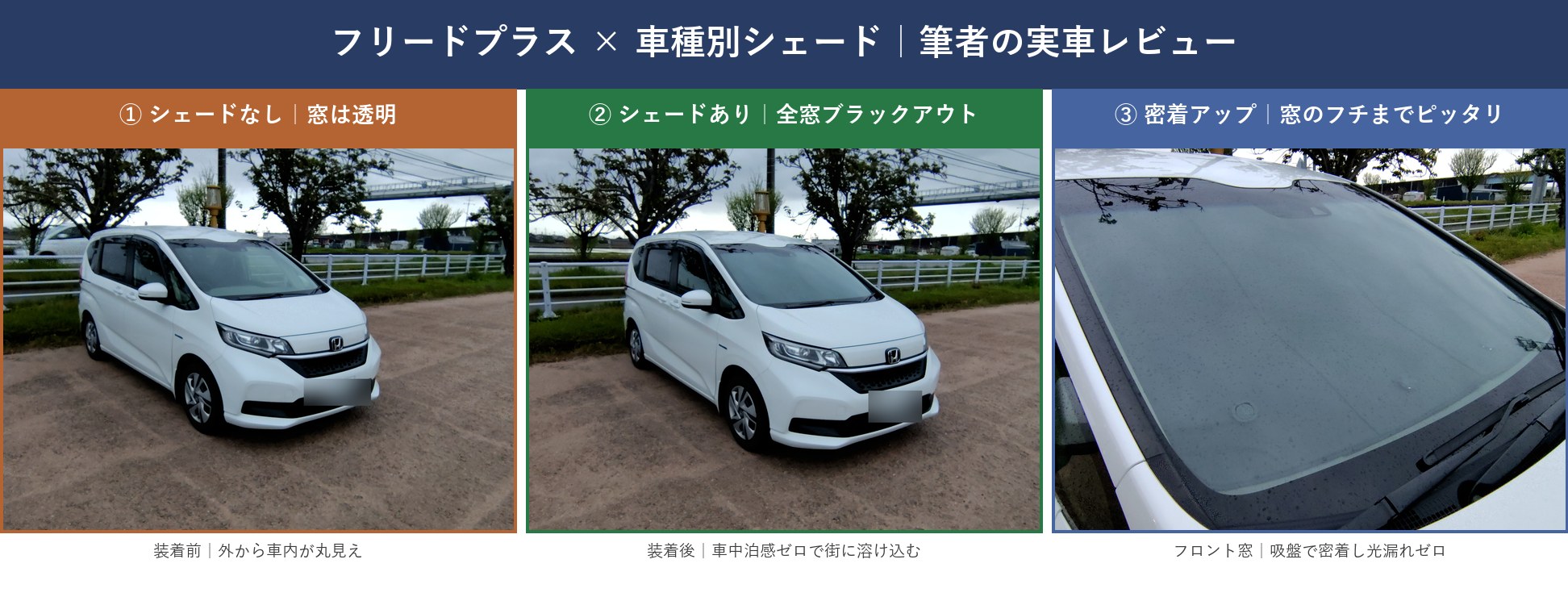 フリードプラス × 車種別シェード 3パネル実車レビュー（シェードなし／装着／密着アップ）