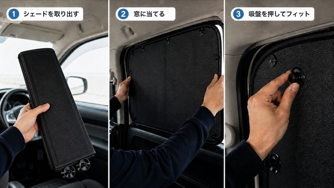 車種別シェード ワンタッチ装着3コマ手順