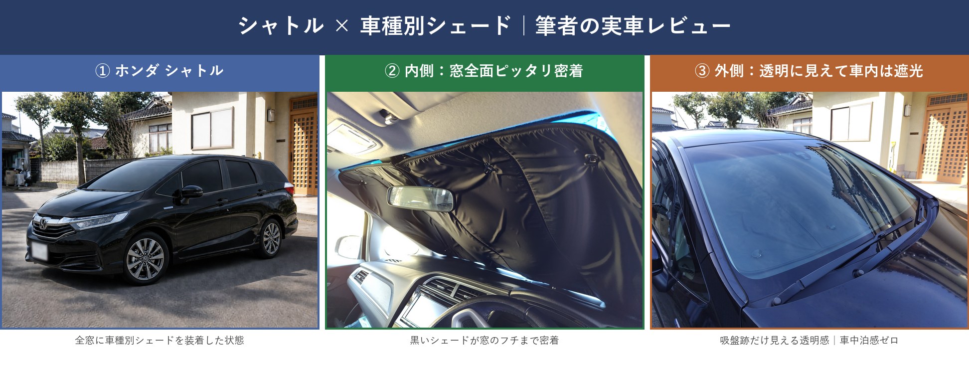 シャトル × 車種別シェード 3パネル 実車レビュー（全景・内側・外側）