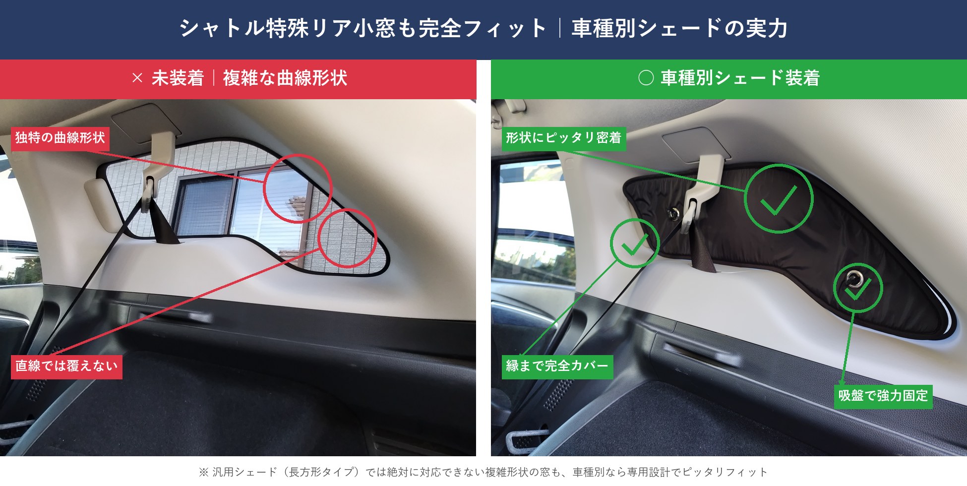 シャトル特殊リア小窓も完全フィット 未装着 vs 車種別装着
