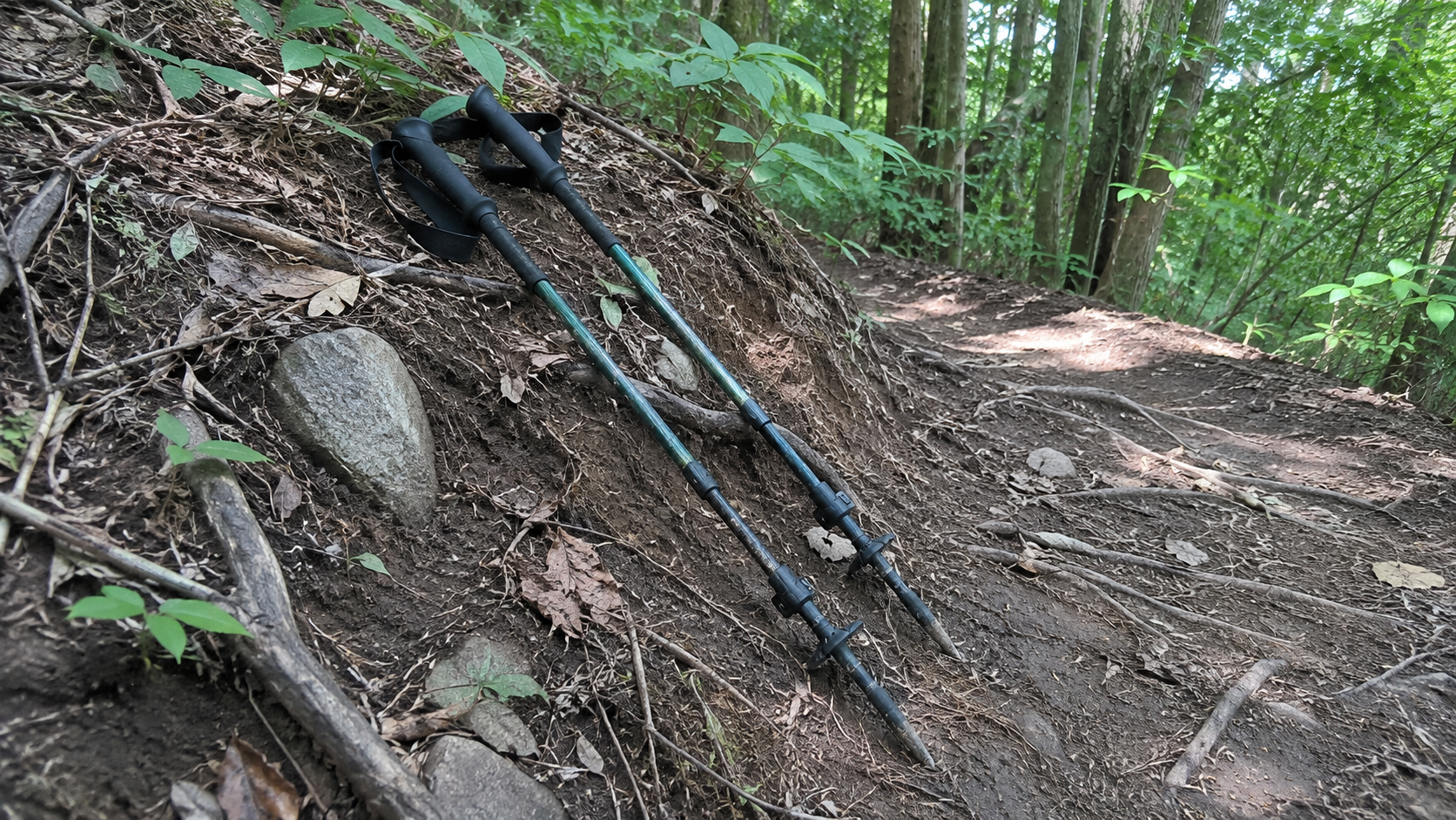 登山道に置かれた使い込まれたI型トレッキングポール2本