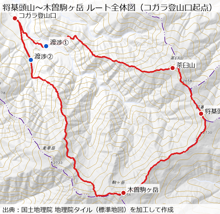 将棊頭山〜木曽駒ヶ岳の登山ルート全体図(コガラ登山口起点)