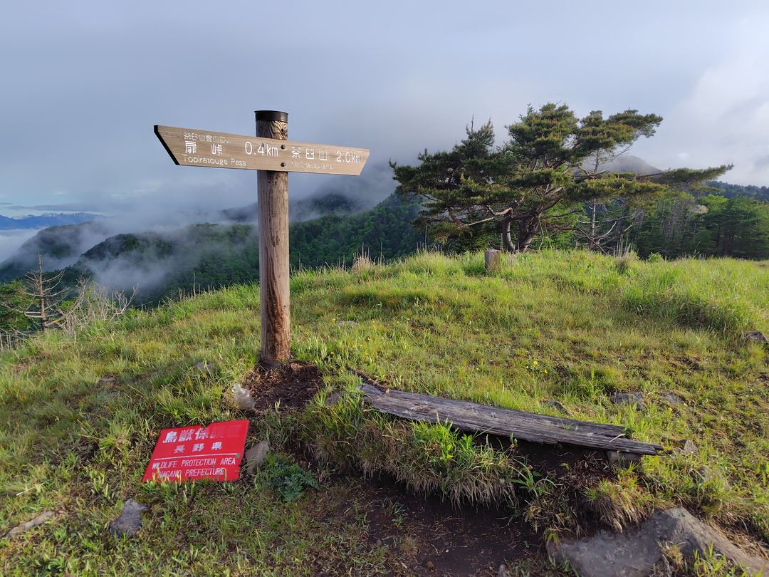 急登を登りきった尾根の道標