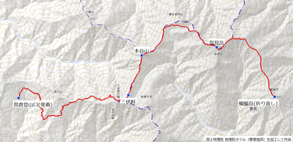 塩見岳・蝙蝠岳(鳥倉登山口→三伏峠→本谷山→塩見岳→北俣岳→蝙蝠岳ピストン)のルート全体図。国土地理院 地理院タイル(標準地図)を加工して作成