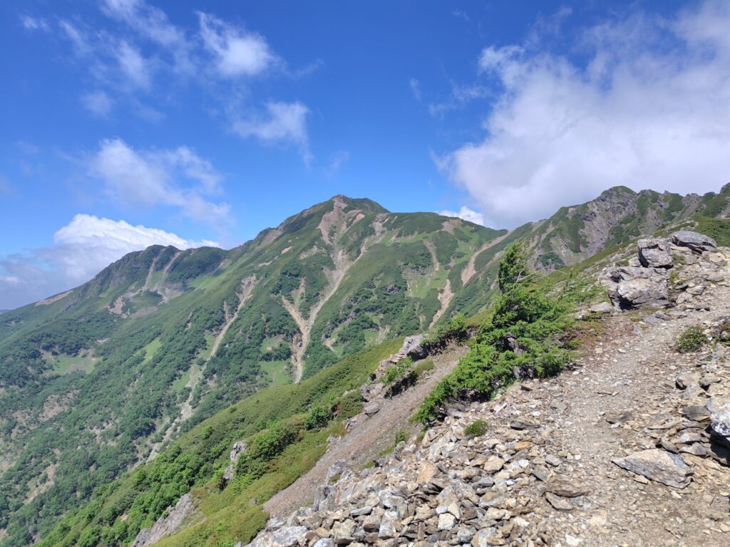 復路、ガスが晴れて姿を現した塩見岳