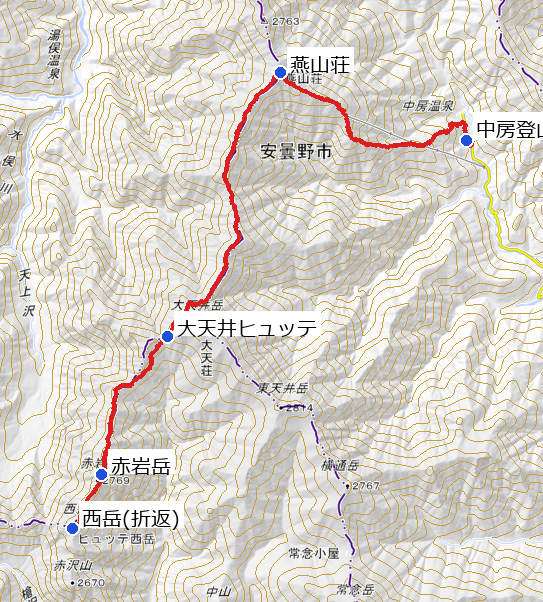 赤岩岳・西岳の登山ルート全体図(中房登山口〜合戦尾根〜赤岩岳〜西岳ピストン)