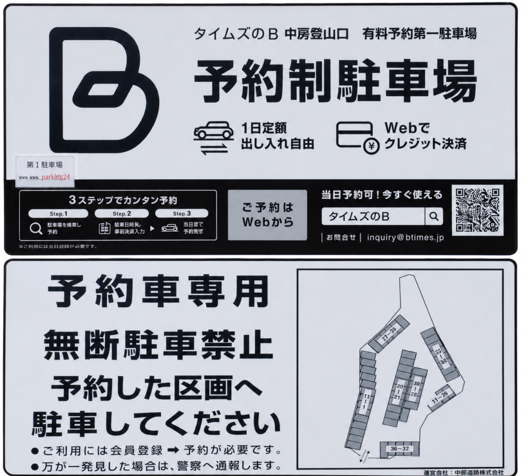 中房登山口 第一駐車場の案内看板
