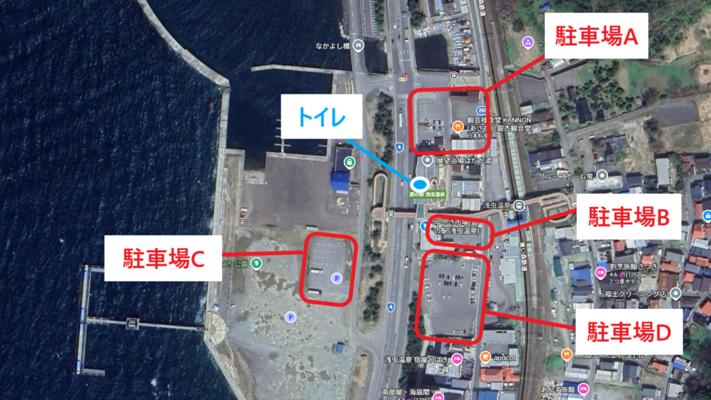 道の駅 浅虫温泉の駐車場配置図。4か所の駐車場A〜Dの位置