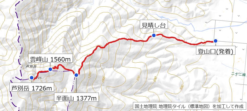 芦別岳 新道コース往復のルート全体図(見晴し台・半面山・雲峰山・山頂)