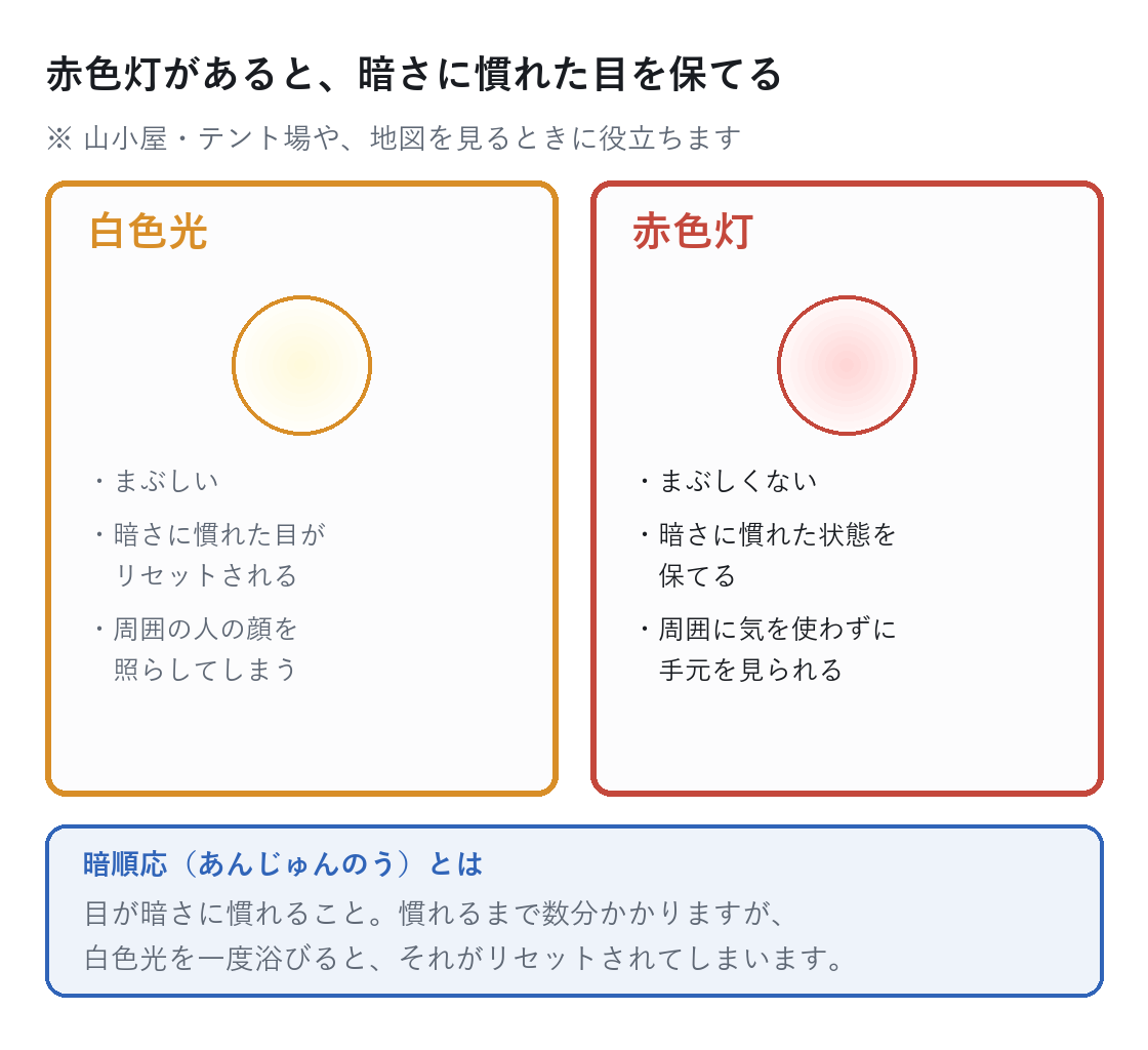 ヘッドライトの白色光と赤色灯の比較図。赤色灯なら暗さに慣れた目を保てる