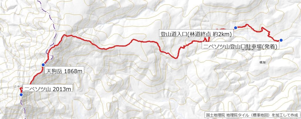 ニペソツ山 幌加温泉コース往復のルート全体図