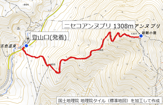 ニセコアンヌプリ 五色温泉コース往復のルート全体図(登山口・山頂)