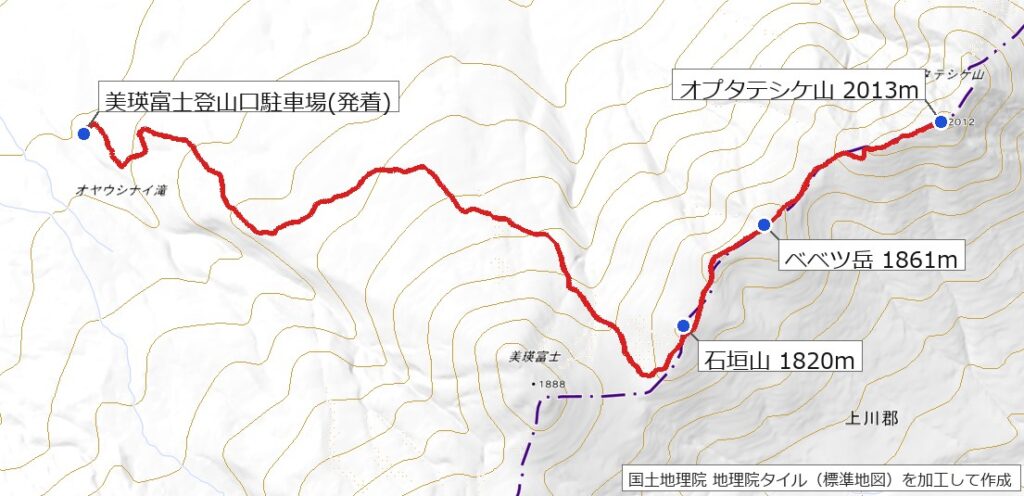 オプタテシケ山 美瑛富士登山口からの往復ルート全体図