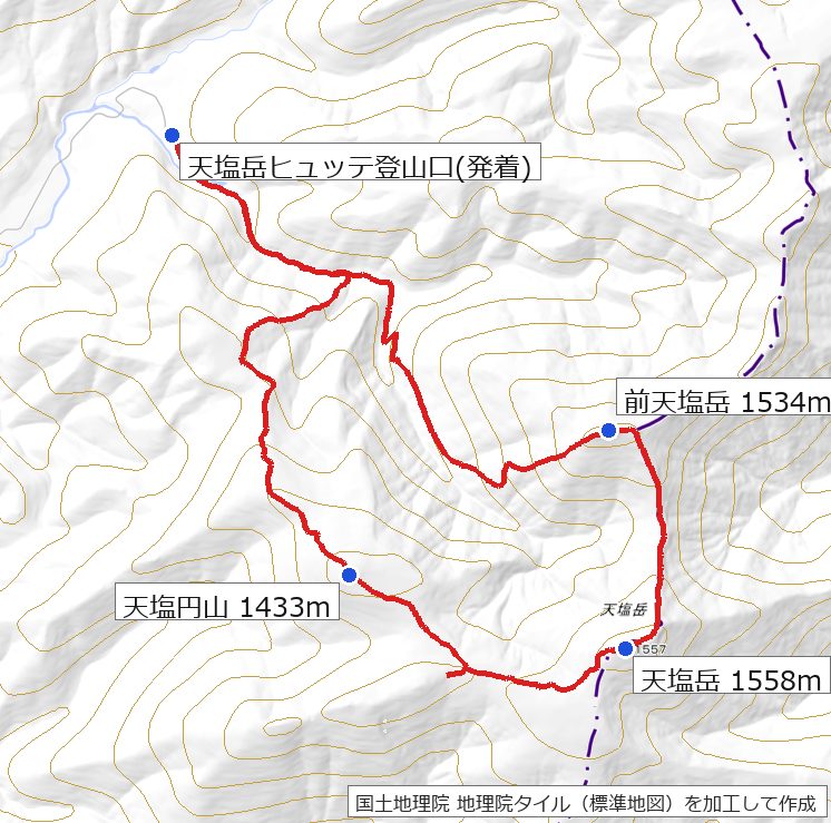 天塩岳 新道コースから前天塩岳へ周回したルート全体図