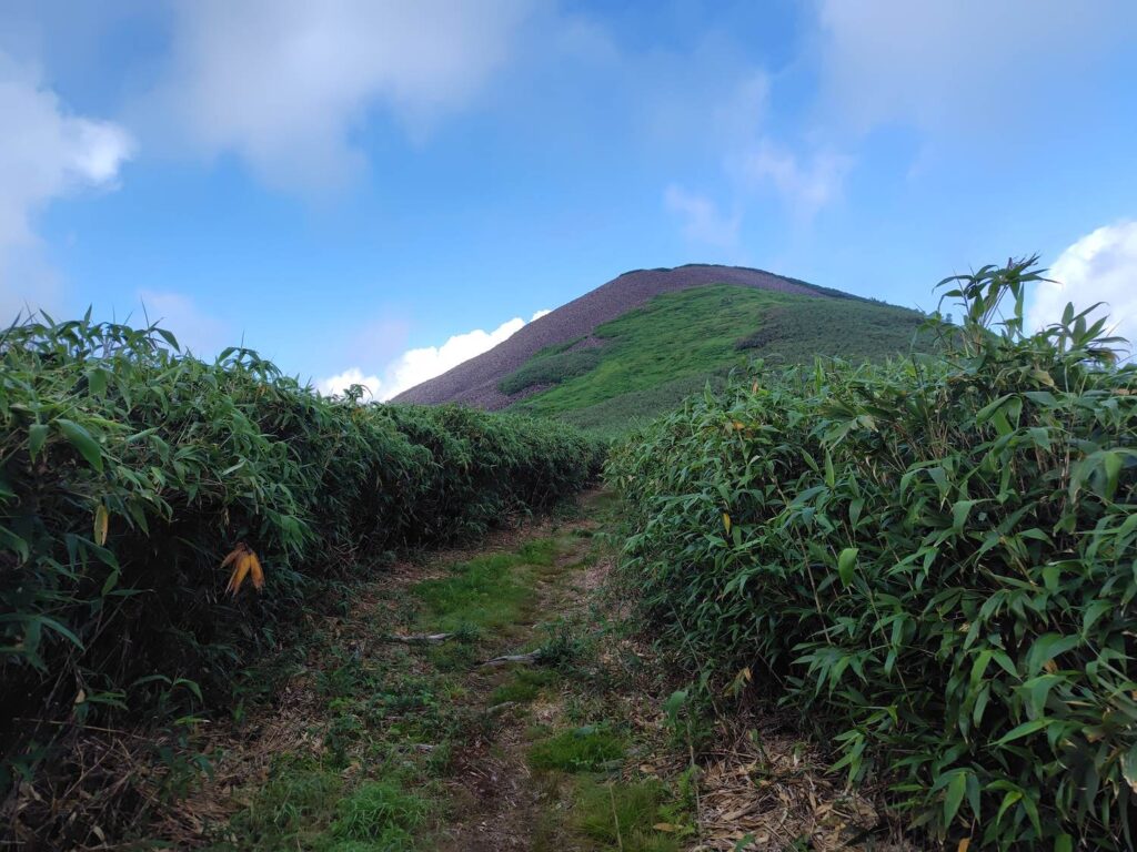 西天塩岳。今回は立ち寄らず巻いた