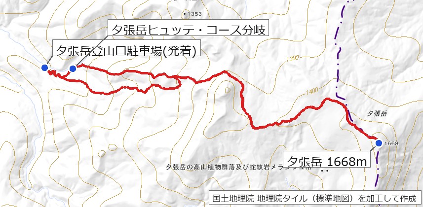 夕張岳 馬の背コース登り・冷水コース下りのルート全体図