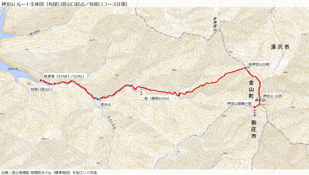 神室山 有屋口コース往復のルート全体図(地理院タイルにGPX軌跡を重ねた自作地図)