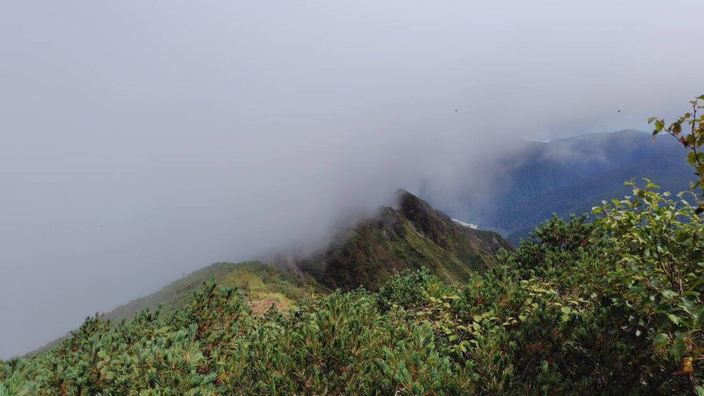 霞沢岳山頂から歩いてきた稜線を振り返る