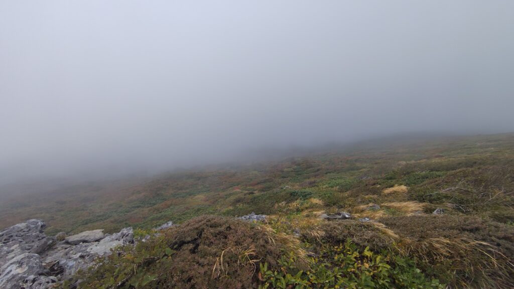 ガスで展望がない東栗駒山の山頂