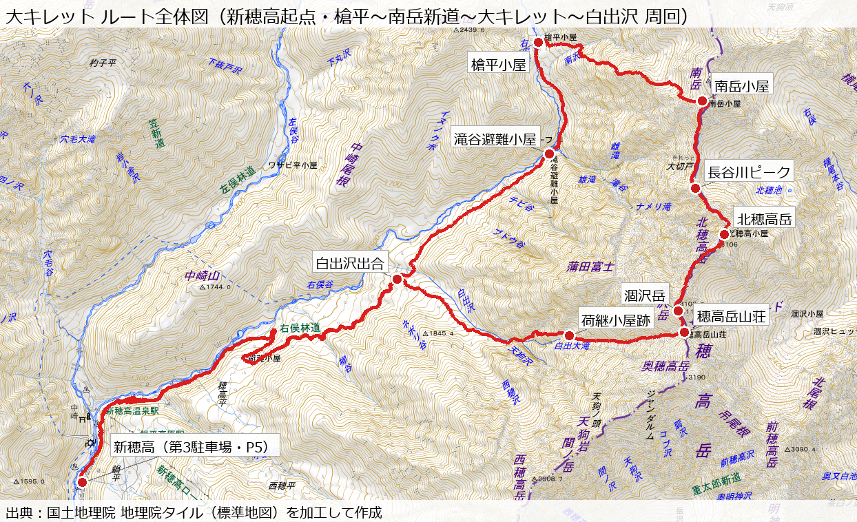 大キレット周回ルートの全体図(新穂高〜槍平〜南岳〜北穂高岳〜涸沢岳〜白出沢)