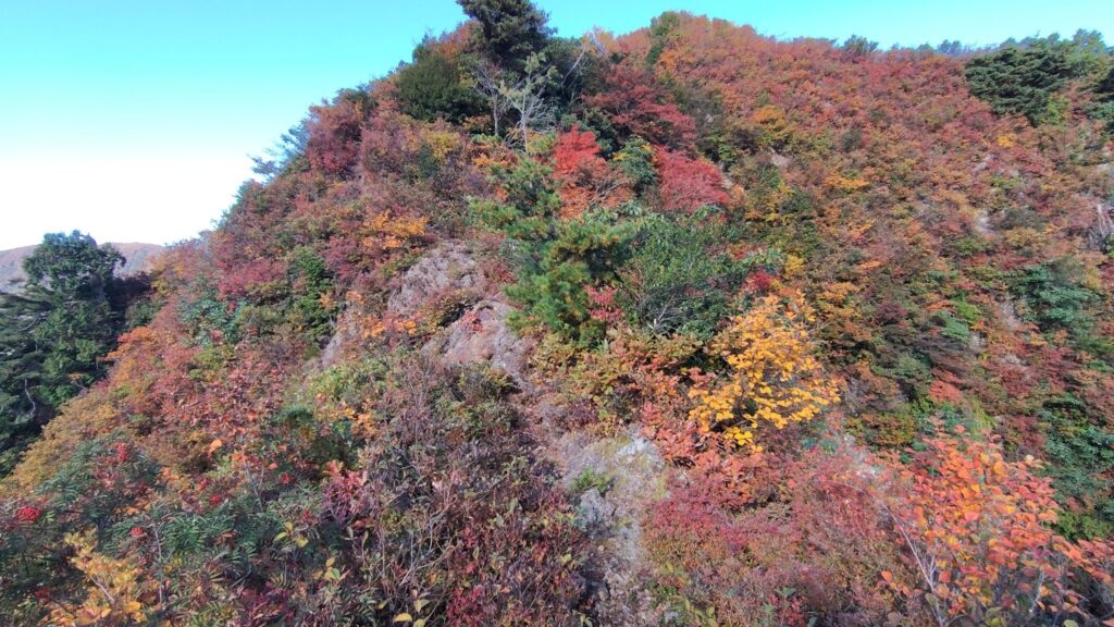 紅葉の中に続く岩場