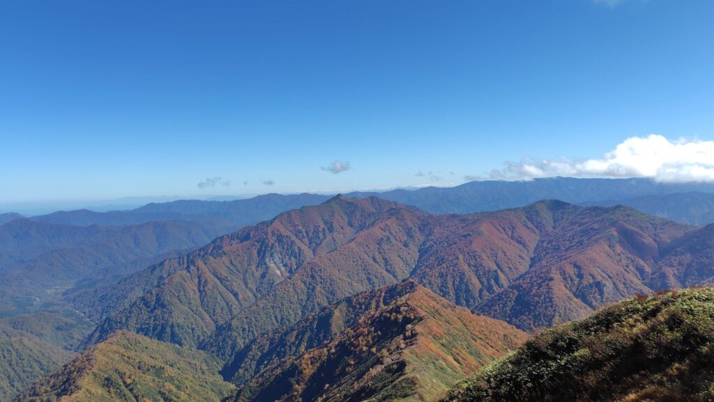 中ノ岳の山頂から見た紅葉の荒沢岳