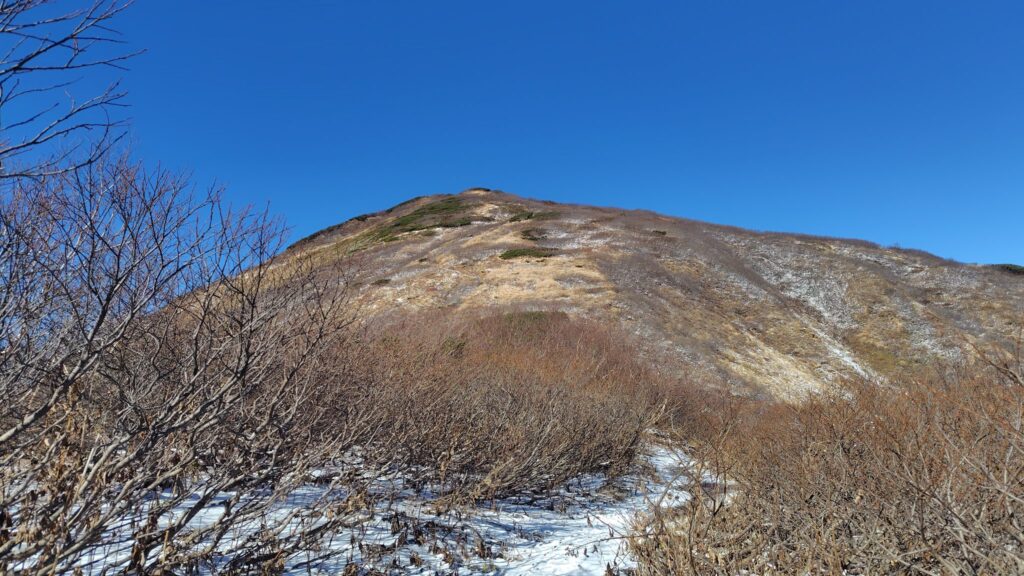 ライチョウ平の先から見上げた火打山の山頂