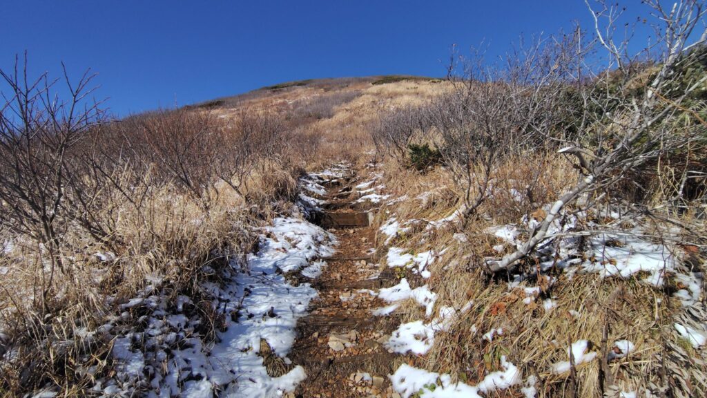 火打山の山頂へ続く最後の木の階段