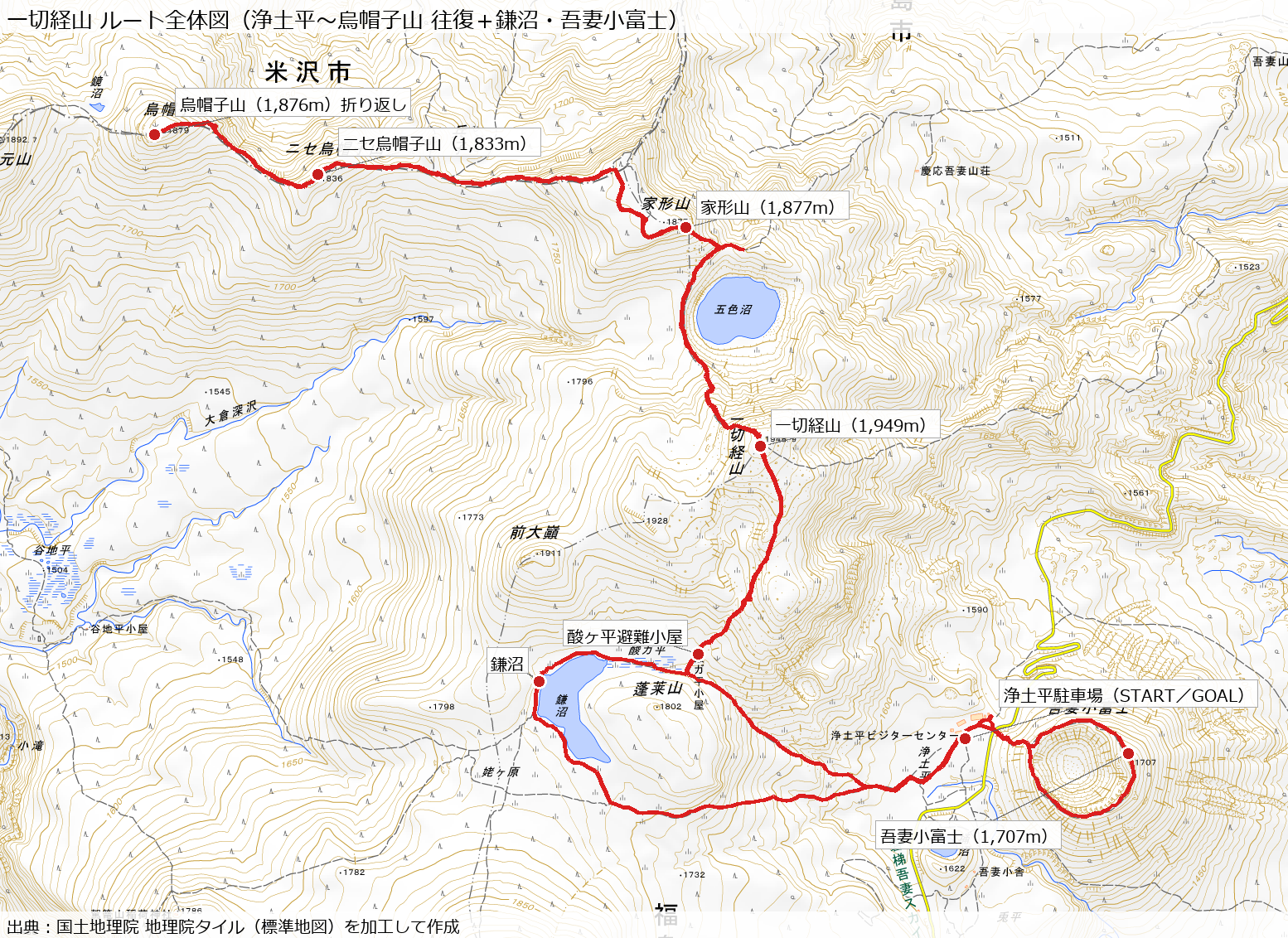 一切経山のルート全体図(浄土平から一切経山・家形山・烏帽子山の往復と鎌沼・吾妻小富士)