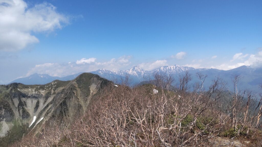 晴れた日に八方睨から見た残雪の山並み(2023年6月撮影)